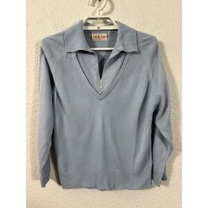 Talbott Taralan Sweater Women Small Blue Vintage 70s Orlon Acrylic Knit V-Neck